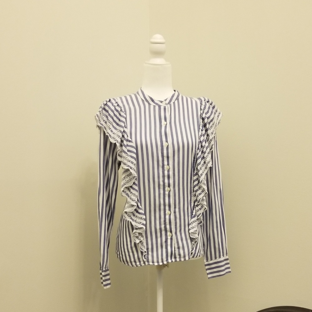 Stripe Ruffle Eyelet Button Down Collarless Shirt - image 1